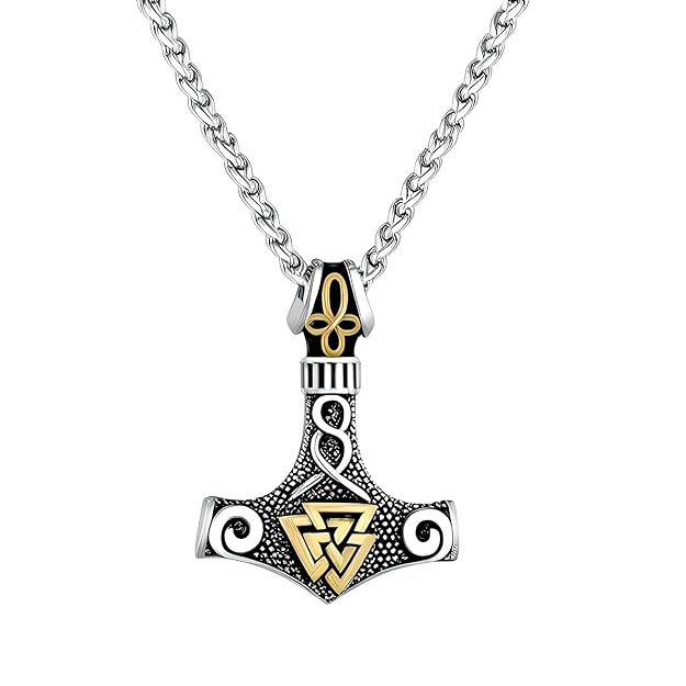 VIKING THOR HAMMER VALKNUT GOLD - Pure Titanium Steel Necklace with 24 inch Chain for Men & Boys