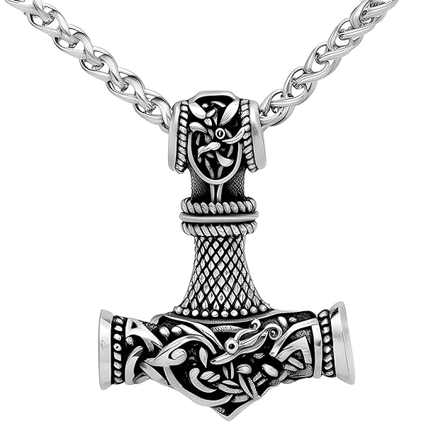VIKING NORSE GOD HAMMER SILVER - Pure Titanium Steel Necklace with 24 inch Chain for Men & Boys