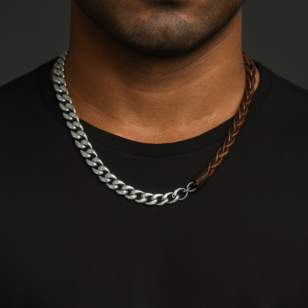 CURBLINK BRAID - Pure Titanium Steel Chain with Brown and Black Beaded Rope Necklace for Men and Boys - 17inch