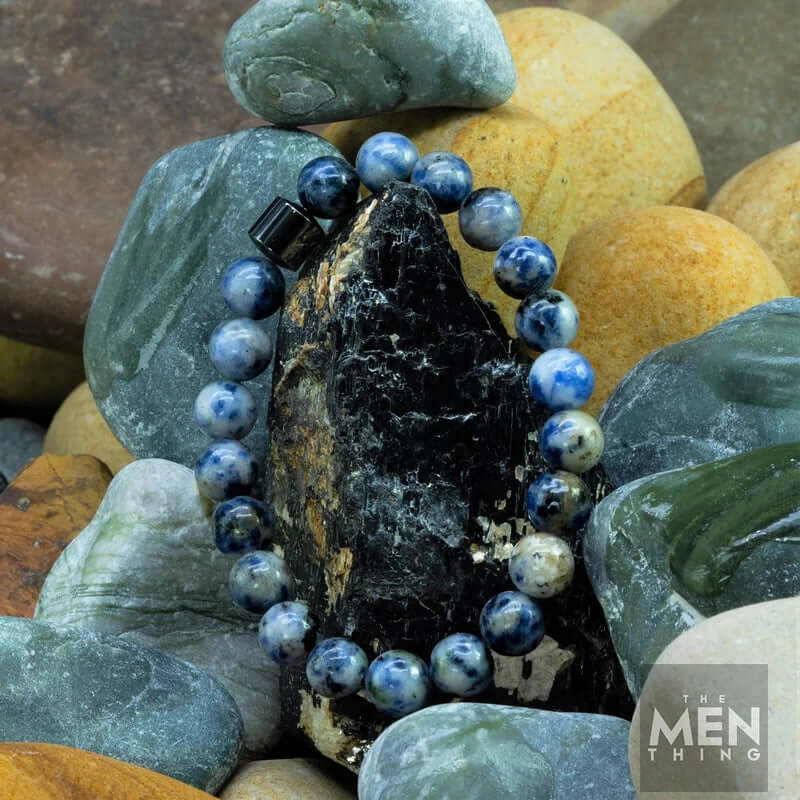 THE MEN THING Bead Bracelet AZURITE BLUE LAGOON - Beads Bracelet with Natural Stone - 7 inch Stretch Bracelet