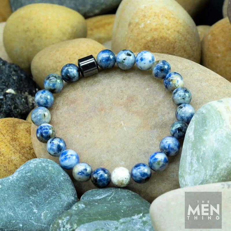 THE MEN THING Bead Bracelet AZURITE BLUE LAGOON - Beads Bracelet with Natural Stone - 7 inch Stretch Bracelet