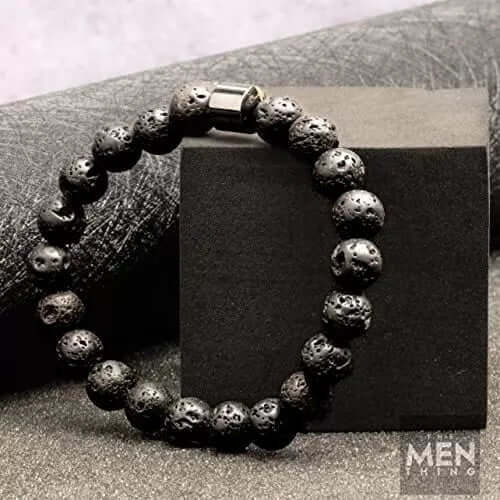 THE MEN THING Bead Bracelet AZURITE DARKNIGHT - Lava Stone Beads Bracelet with Natural Stone - 7 inch Stretch Bracelet