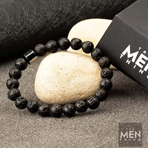 THE MEN THING Bead Bracelet AZURITE DARKNIGHT - Lava Stone Beads Bracelet with Natural Stone - 7 inch Stretch Bracelet