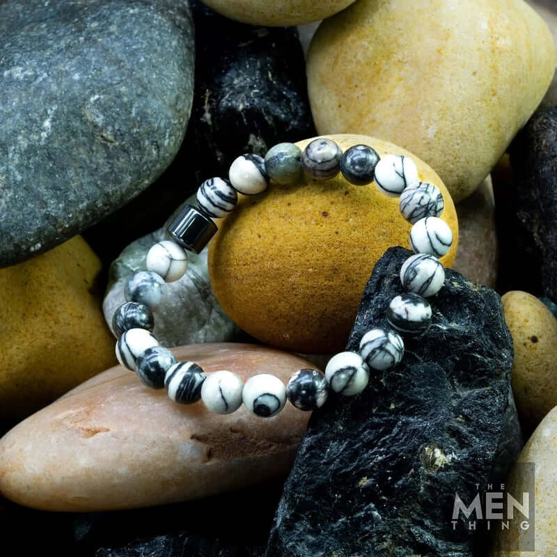 THE MEN THING Bead Bracelet AZURITE GREY JASPER - Beads Bracelet with Natural Stone - 7 inch Stretch Bracelet