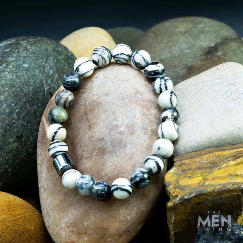 THE MEN THING Bead Bracelet AZURITE GREY JASPER - Beads Bracelet with Natural Stone - 7 inch Stretch Bracelet