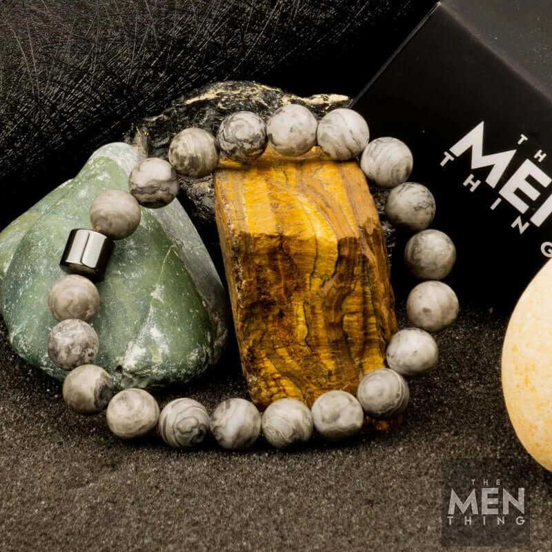 THE MEN THING Bead Bracelet AZURITE MOON SURFACE - Beads Bracelet with Natural Stone - 7 inch Stretch Bracelet