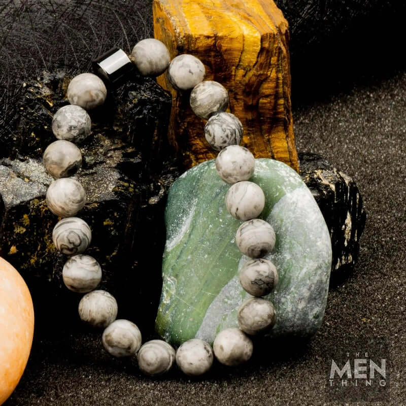 THE MEN THING Bead Bracelet AZURITE MOON SURFACE - Beads Bracelet with Natural Stone - 7 inch Stretch Bracelet