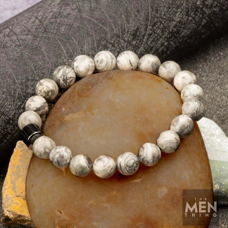 THE MEN THING Bead Bracelet AZURITE MOON SURFACE - Beads Bracelet with Natural Stone - 7 inch Stretch Bracelet