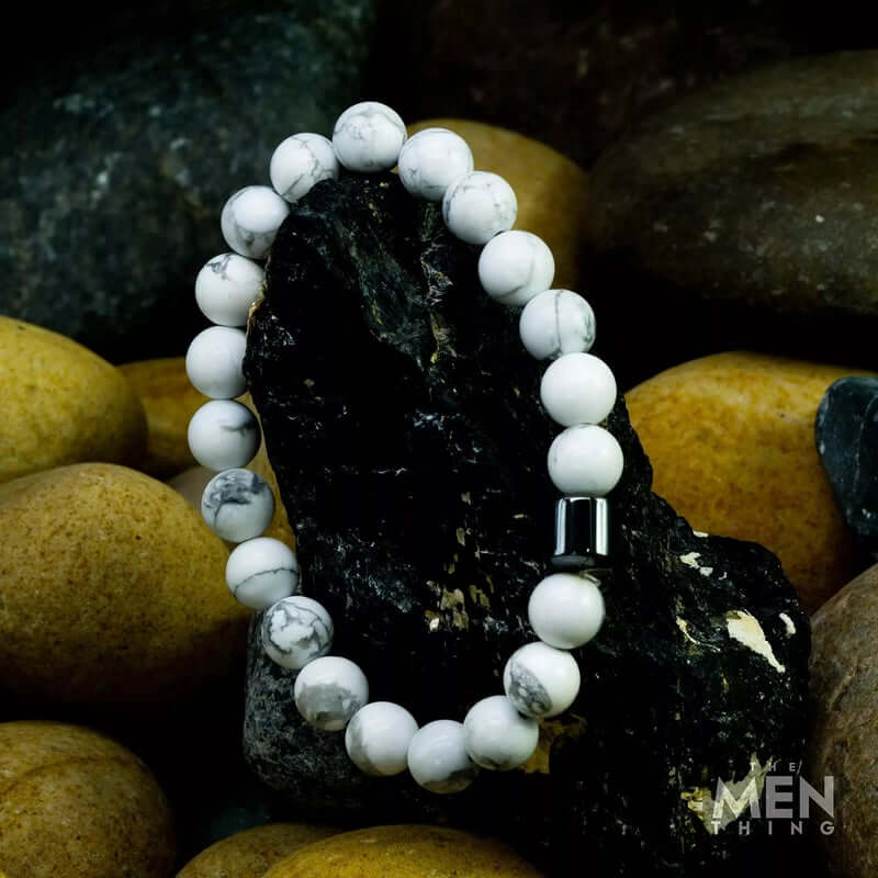THE MEN THING Bead Bracelet AZURITE MOONLIGHT LUSTRE - Natural Beads Bracelet for Men - Become Money Magnet - Howlite Natural Stone Colorful 7 Chakra Energy Stretch Bracelet (7inch)