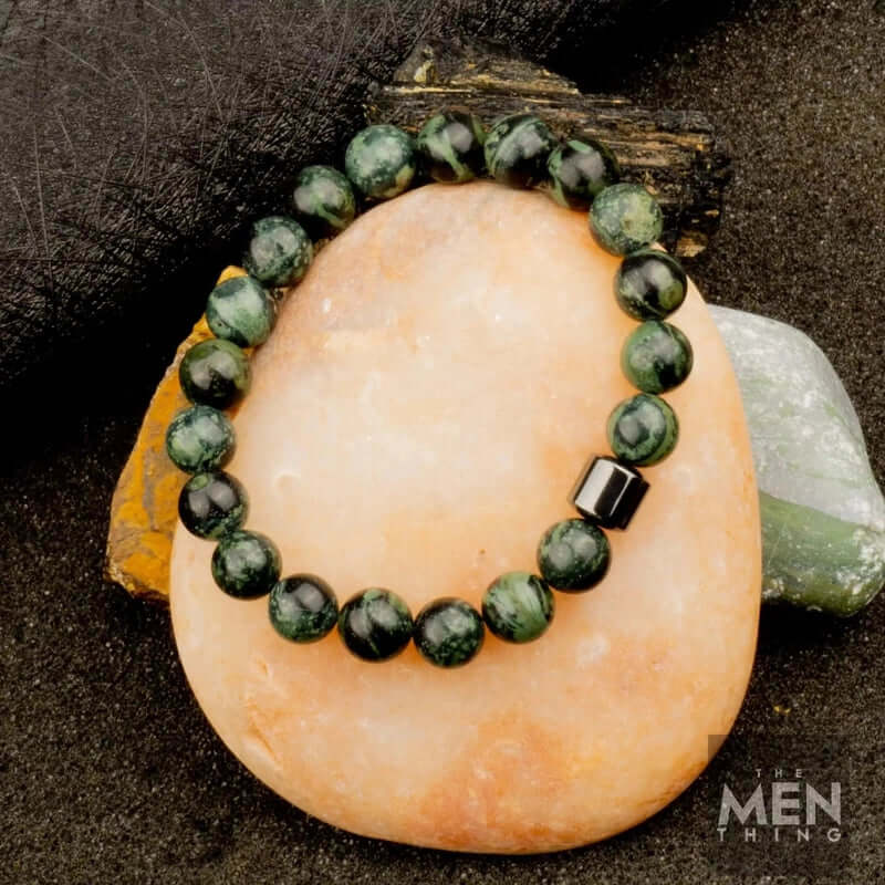 THE MEN THING Bead Bracelet AZURITE MOSS - Beads Bracelet with Natural Stone - 7 inch Stretch Bracelet