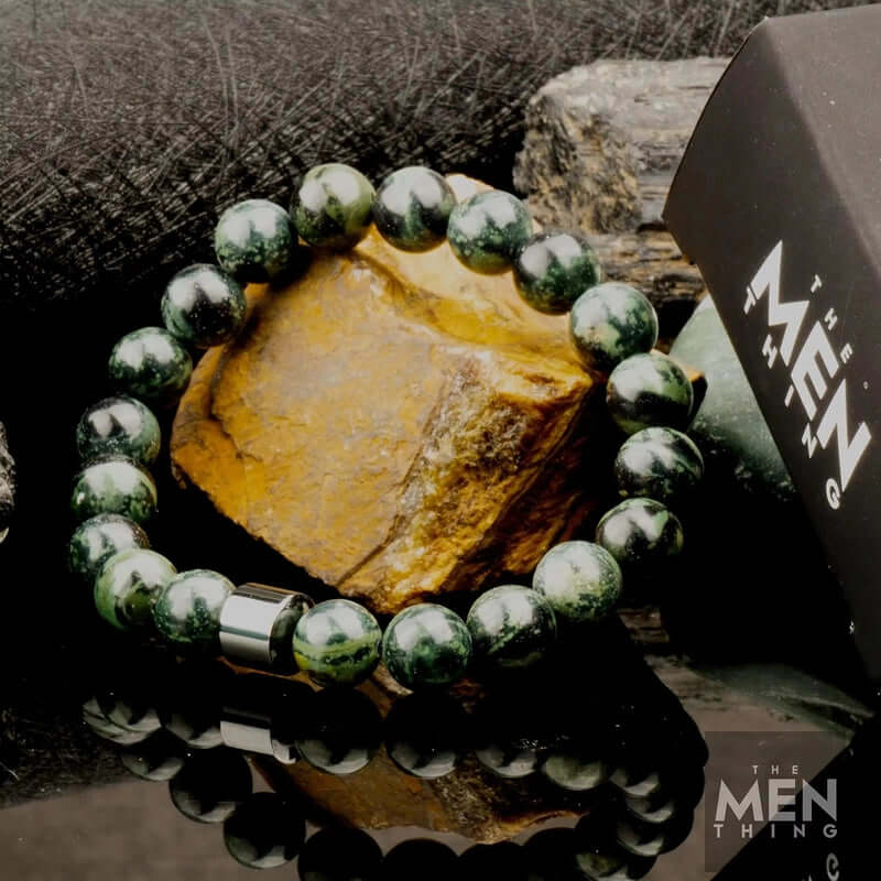 THE MEN THING Bead Bracelet AZURITE MOSS - Beads Bracelet with Natural Stone - 7 inch Stretch Bracelet
