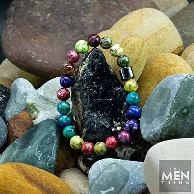 THE MEN THING Bead Bracelet AZURITE NORTHERN LIGHT - Beads Bracelet with Natural Stone - 7 inch Stretch Bracelet