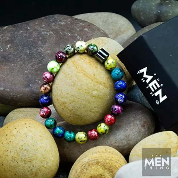 THE MEN THING Bead Bracelet AZURITE NORTHERN LIGHT - Beads Bracelet with Natural Stone - 7 inch Stretch Bracelet