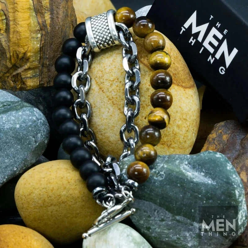 THE MEN THING Bead Bracelet BEADFUSION BROWN - Natural Beads Bracelet for Men - Become Money Magnet - Black Tiger Eye Stone Colorful 7 Chakra Energy Stretch Bracelet (8inch)