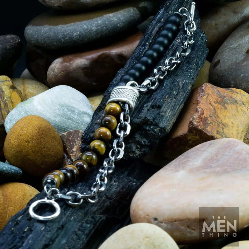 THE MEN THING Bead Bracelet BEADFUSION BROWN - Natural Beads Bracelet for Men - Become Money Magnet - Black Tiger Eye Stone Colorful 7 Chakra Energy Stretch Bracelet (8inch)