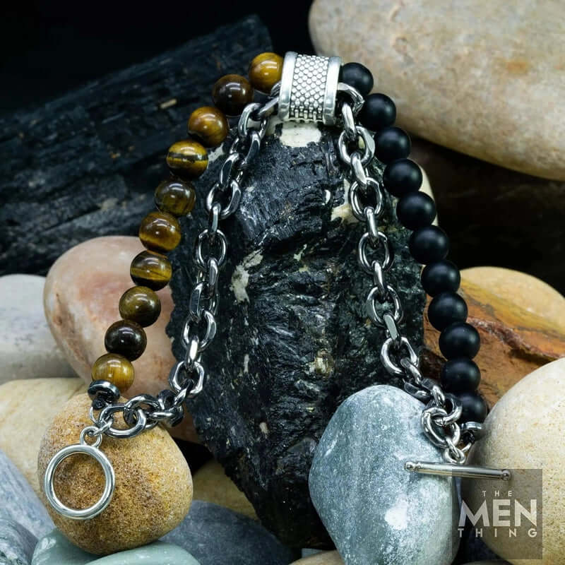 THE MEN THING Bead Bracelet BEADFUSION BROWN - Natural Beads Bracelet for Men - Become Money Magnet - Black Tiger Eye Stone Colorful 7 Chakra Energy Stretch Bracelet (8inch)