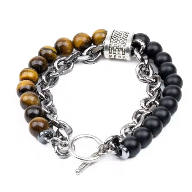 THE MEN THING Bead Bracelet BEADFUSION BROWN - Natural Beads Bracelet for Men - Become Money Magnet - Black Tiger Eye Stone Colorful 7 Chakra Energy Stretch Bracelet (8inch)