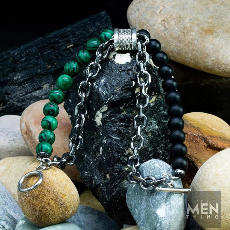 THE MEN THING Bead Bracelet BEADFUSION GREEN- Natural Beads Bracele - Become Money Magnet - Malachite Natural Stone Colorful 7 Chakra Energy Stretch Bracelet (8inch)