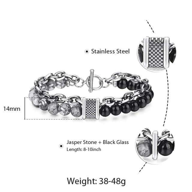 THE MEN THING Bead Bracelet BEADFUSION GREY - Natural Beads Bracelet for Men - Become Money Magnet - Natural Flash Stone Colorful 7 Chakra Energy Stretch Bracelet (8inch)