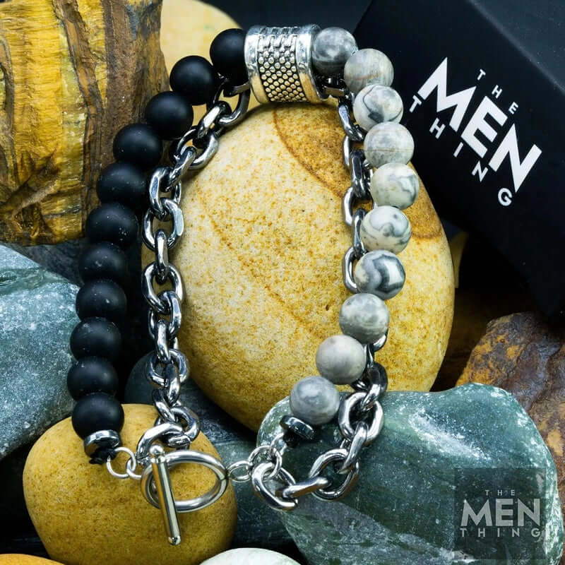 THE MEN THING Bead Bracelet BEADFUSION GREY - Natural Beads Bracelet for Men - Become Money Magnet - Natural Flash Stone Colorful 7 Chakra Energy Stretch Bracelet (8inch)