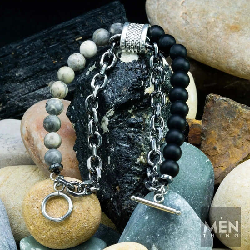 THE MEN THING Bead Bracelet BEADFUSION GREY - Natural Beads Bracelet for Men - Become Money Magnet - Natural Flash Stone Colorful 7 Chakra Energy Stretch Bracelet (8inch)