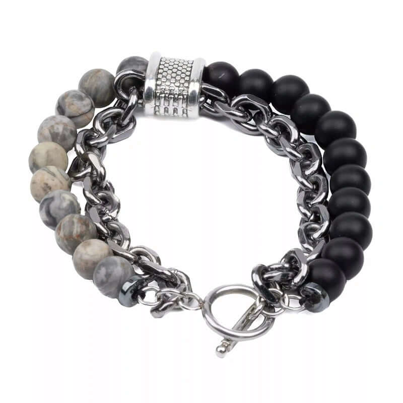 THE MEN THING Bead Bracelet BEADFUSION GREY - Natural Beads Bracelet for Men - Become Money Magnet - Natural Flash Stone Colorful 7 Chakra Energy Stretch Bracelet (8inch)