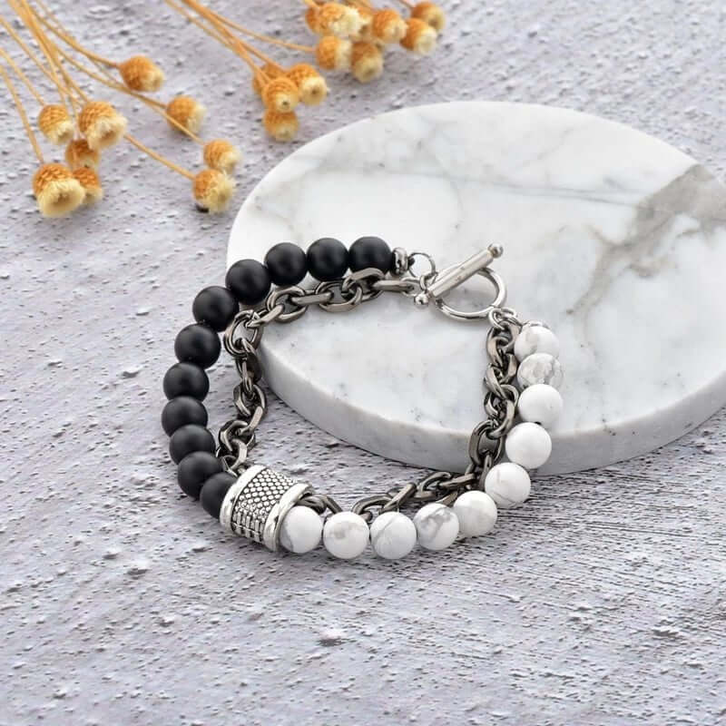 THE MEN THING Bead Bracelet BEADFUSION WHITE - Natural Beads Bracelet for Men - Become Money Magnet - Natural Volcanic Stone Colorful 7 Chakra Energy Stretch Bracelet (8inch)