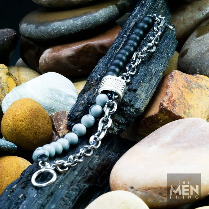 THE MEN THING Bead Bracelet BEADFUSION WHITE - Natural Beads Bracelet for Men - Become Money Magnet - Natural Volcanic Stone Colorful 7 Chakra Energy Stretch Bracelet (8inch)