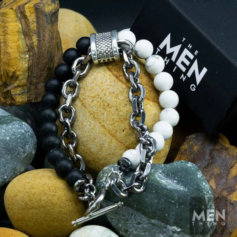 THE MEN THING Bead Bracelet BEADFUSION WHITE - Natural Beads Bracelet for Men - Become Money Magnet - Natural Volcanic Stone Colorful 7 Chakra Energy Stretch Bracelet (8inch)