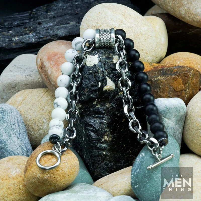 THE MEN THING Bead Bracelet BEADFUSION WHITE - Natural Beads Bracelet for Men - Become Money Magnet - Natural Volcanic Stone Colorful 7 Chakra Energy Stretch Bracelet (8inch)