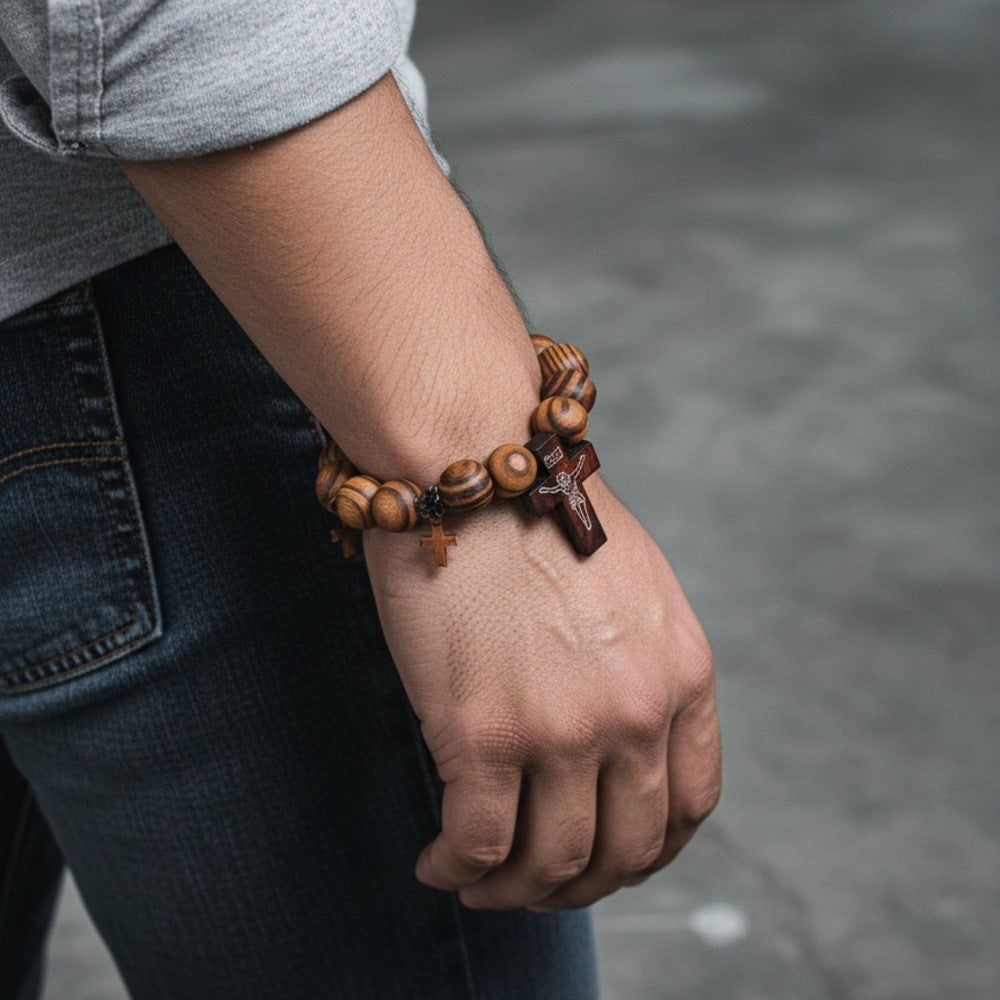 THE MEN THING Bead Bracelet DIVINEWOOD ROSARY - 14mm Wooden Beads Bracelet with Natural Stone - Adjustable Bracelet