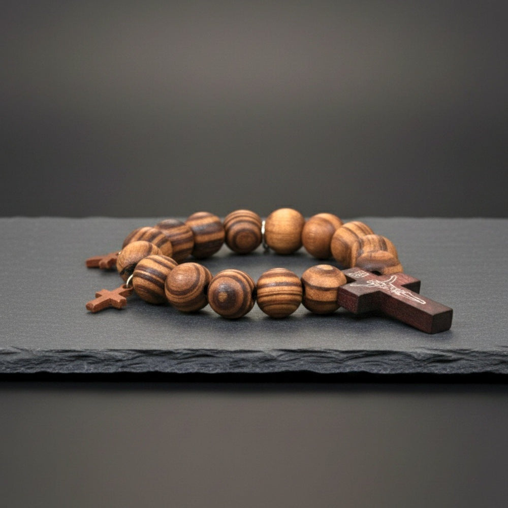 THE MEN THING Bead Bracelet DIVINEWOOD ROSARY - 14mm Wooden Beads Bracelet with Natural Stone - Adjustable Bracelet