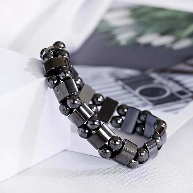 THE MEN THING Bead Bracelet DOUBLE HEMATITE - Beads Bracelet with Natural Stone - "7" inch Stretch Bracelet for Men & Boys