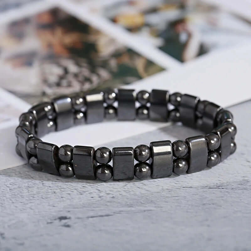 THE MEN THING Bead Bracelet DOUBLE HEMATITE - Beads Bracelet with Natural Stone - "7" inch Stretch Bracelet for Men & Boys