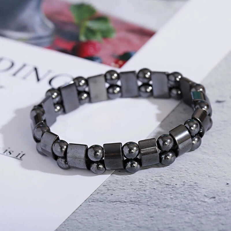 THE MEN THING Bead Bracelet DOUBLE HEMATITE - Beads Bracelet with Natural Stone - "7" inch Stretch Bracelet for Men & Boys