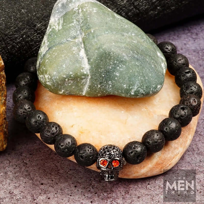THE MEN THING Bead Bracelet INTERNO BLACK SKULL - Natural Beads Bracelet - Oxy Black Toned Skull with Red Stone in Eyes (7inch)