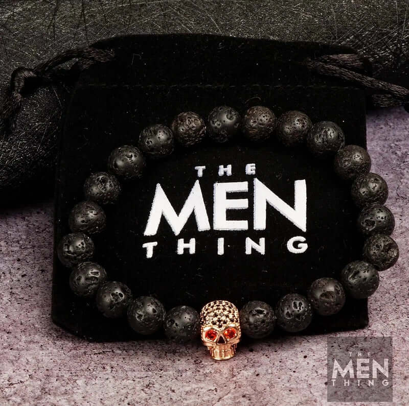THE MEN THING Bead Bracelet INTERNO SKULL - Natural Beads Bracelet - Rose Gold Toned Skull with Red Stone in Eyes (7inch)