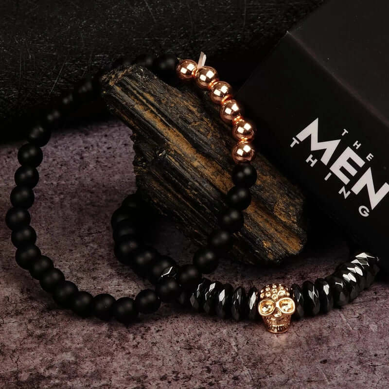 THE MEN THING Bead Bracelet LAVA EMBRACE SKUL DUO- Black Gold Tone - Beads Bracelet with Natural Volcanic Stone - 7inch Stretch Bracelet