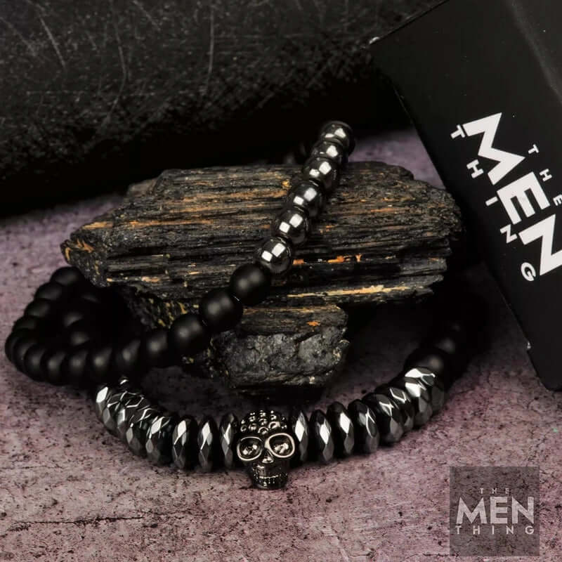 THE MEN THING Bead Bracelet LAVA EMBRACE SKUL DUO- Black Silver tone - Beads Bracelet with Natural Volcanic Stone - 7inch Stretch Bracelet