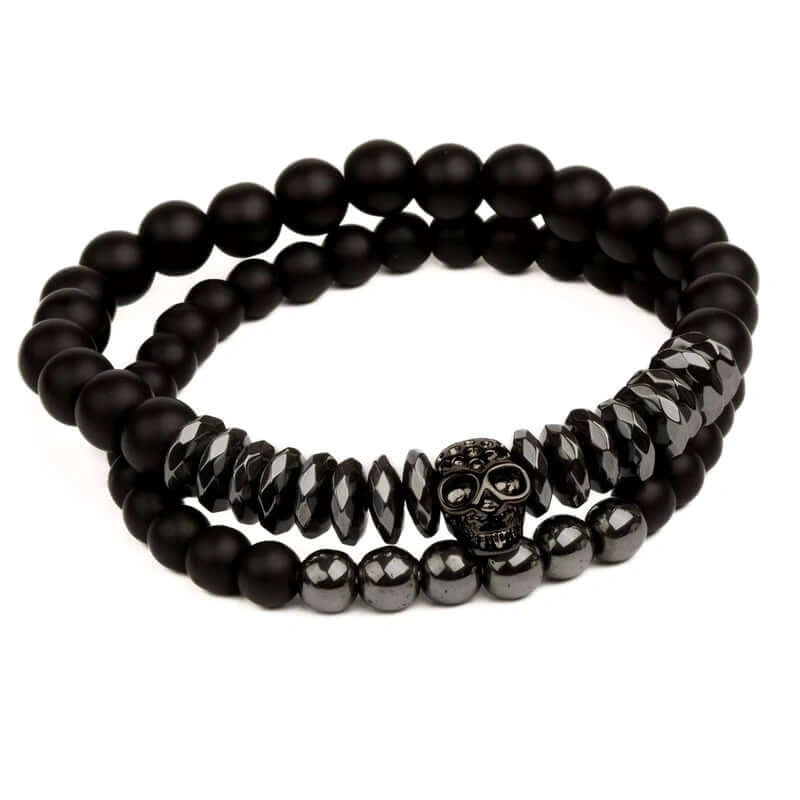 THE MEN THING Bead Bracelet LAVA EMBRACE SKUL DUO- Black Silver tone - Beads Bracelet with Natural Volcanic Stone - 7inch Stretch Bracelet