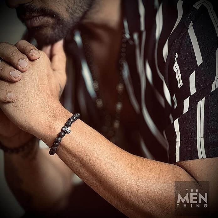 THE MEN THING Bead Bracelet LAVA SKULL DARK NIGHT - Beads Bracelet with Natural Volcanic Stone - 7inch Stretch Bracelet