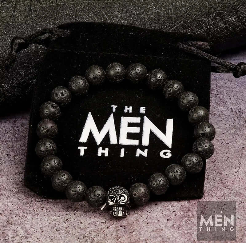 THE MEN THING Bead Bracelet LAVA SKULL DARK NIGHT - Beads Bracelet with Natural Volcanic Stone - 7inch Stretch Bracelet