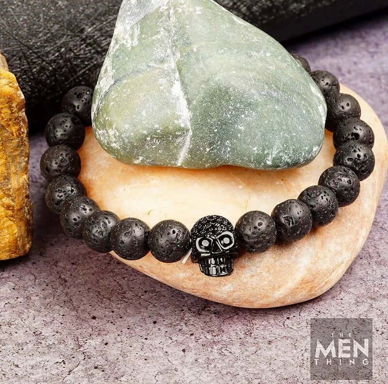 THE MEN THING Bead Bracelet LAVA SKULL DARK NIGHT - Beads Bracelet with Natural Volcanic Stone - 7inch Stretch Bracelet