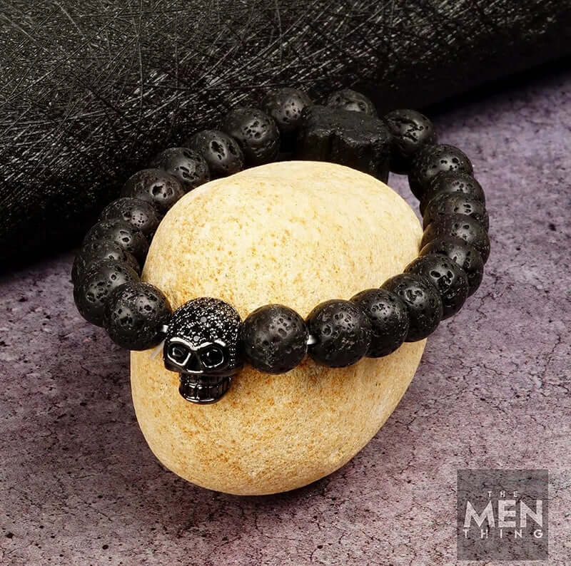 THE MEN THING Bead Bracelet LAVA SKULL DARK NIGHT - Beads Bracelet with Natural Volcanic Stone - 7inch Stretch Bracelet