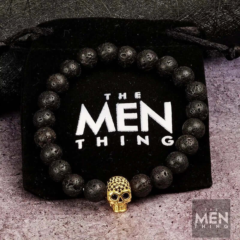 THE MEN THING Bead Bracelet LAVA SKULL GOLD TONE - Beads Bracelet with Natural Volcanic Stone - 7inch Stretch Bracelet