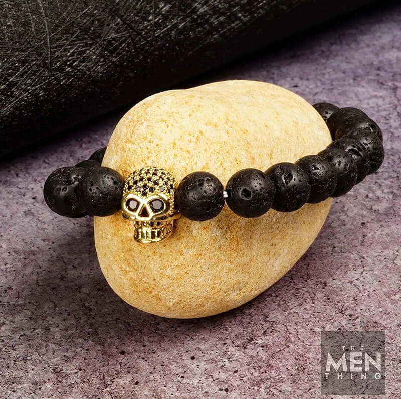 THE MEN THING Bead Bracelet LAVA SKULL GOLD TONE - Beads Bracelet with Natural Volcanic Stone - 7inch Stretch Bracelet