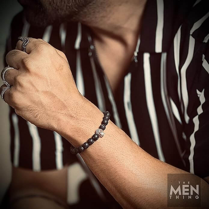 THE MEN THING Bead Bracelet LAVA SKULL RED EYE - Beads Bracelet with Natural Volcanic Stone - 7inch Stretch Bracelet