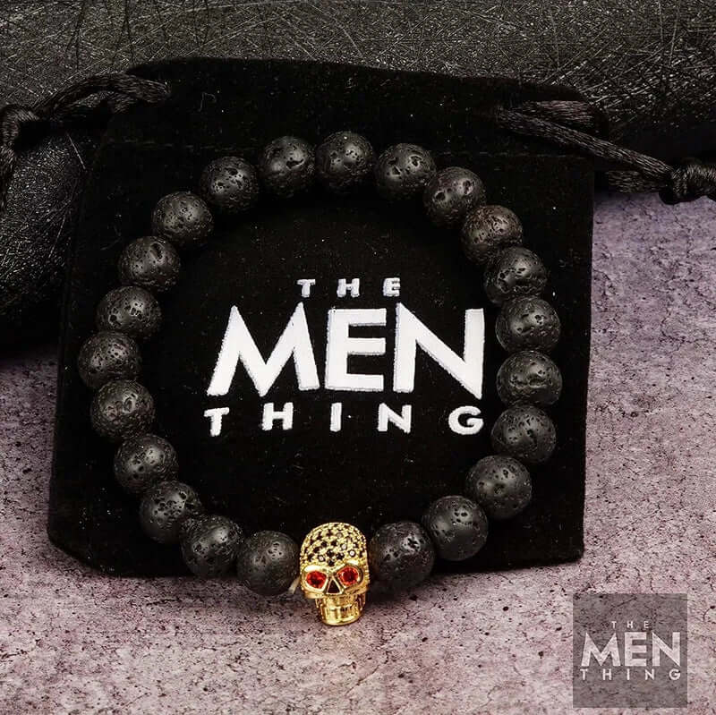 THE MEN THING Bead Bracelet LAVA SKULL RED EYE - Beads Bracelet with Natural Volcanic Stone - 7inch Stretch Bracelet
