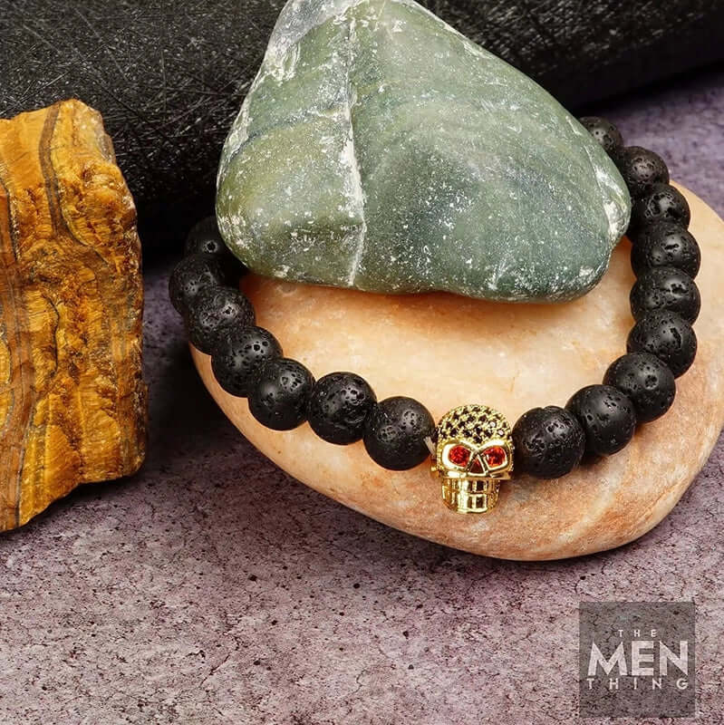 THE MEN THING Bead Bracelet LAVA SKULL RED EYE - Beads Bracelet with Natural Volcanic Stone - 7inch Stretch Bracelet