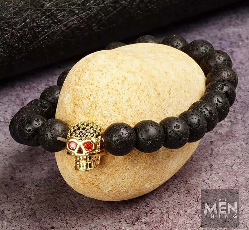 THE MEN THING Bead Bracelet LAVA SKULL RED EYE - Beads Bracelet with Natural Volcanic Stone - 7inch Stretch Bracelet